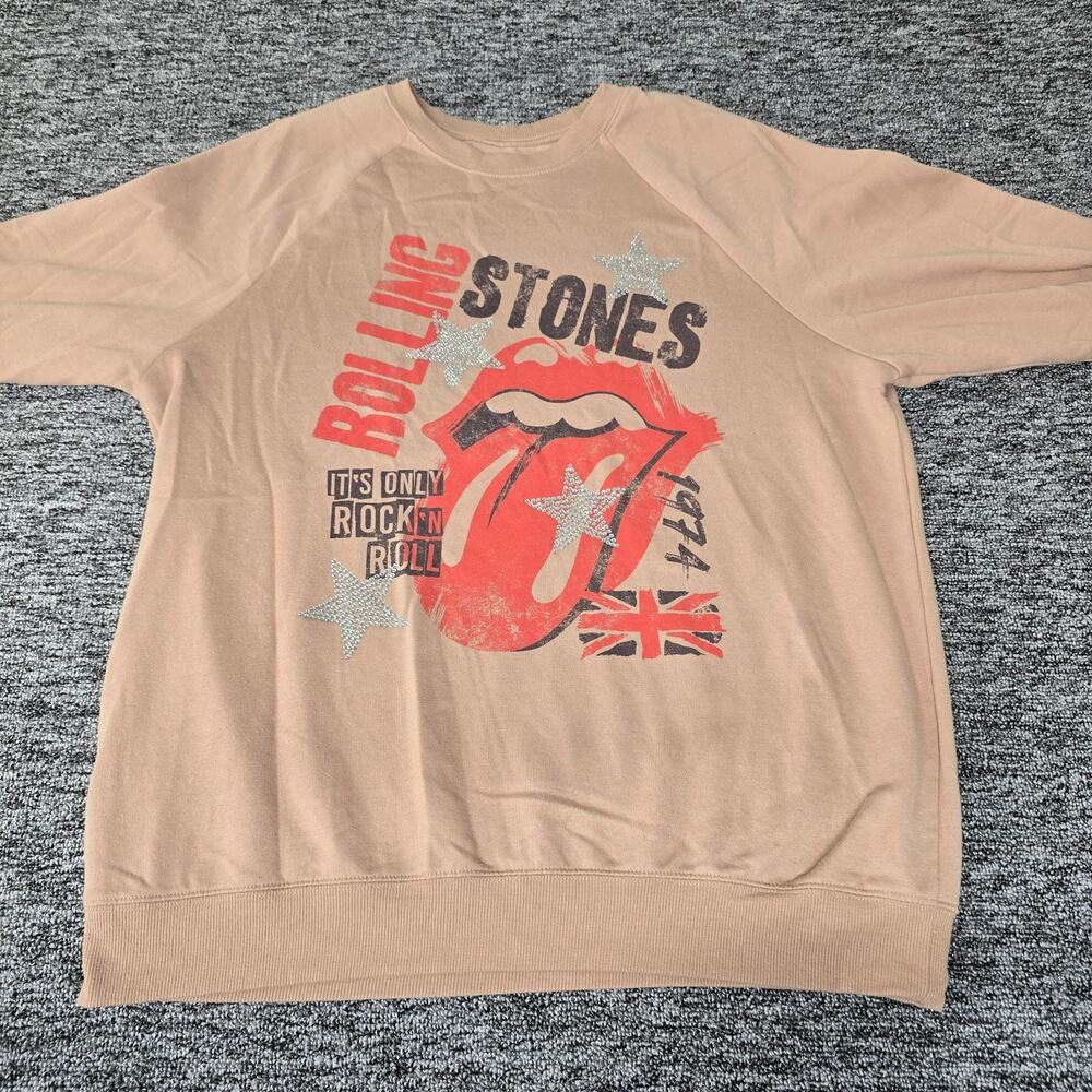 The Rolling Stones Graphic Sweatshirt Women's XL Tan Taupe Tongue Logo Crew